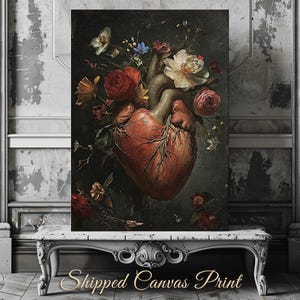 Blooming Heart Canvas Print Human Heart with Blooming Roses for Dark Academia and Gothic Lovers Decor Macabre Wall Art Dark Romance Print