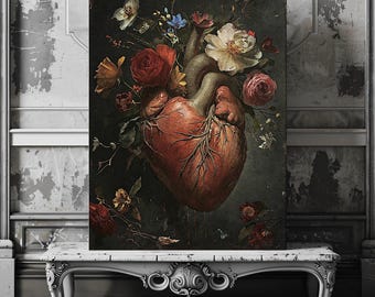 Druck auf Leinwand mit Blumenherz: Dark Academia Gothic Wandkunst