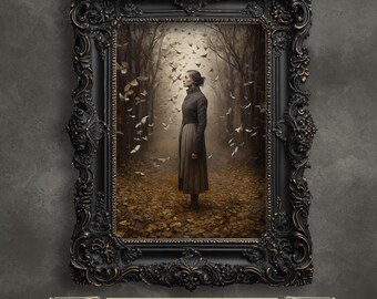 Misty Forest Woman Art Print: Ethereal Moths, Dark Cottagecore Fall Wall Decor