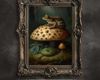 Frog on Mushroom Botanical Print: Dark Academia Goblincore Decor (Digital Download)