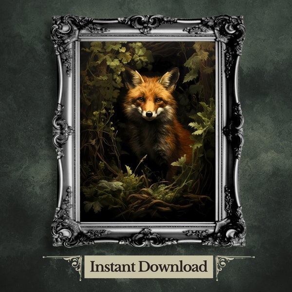 Red Fox in Moody Forest Printable Wall Art Dark Cottagecore Vintage Dark Academia Print Woodland Animal Art Wildlife Painting Gothic