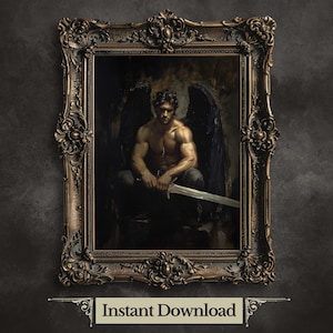 Dark Angel Printable Wall Art Vintage Portrait Painting Fallen Angel Print Moody Lucifer Wall Art Angel Warrior Victorian Aesthetic Art