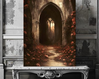 Stampa su tela della Cattedrale di Rose: arte murale gotica con rovine floreali
