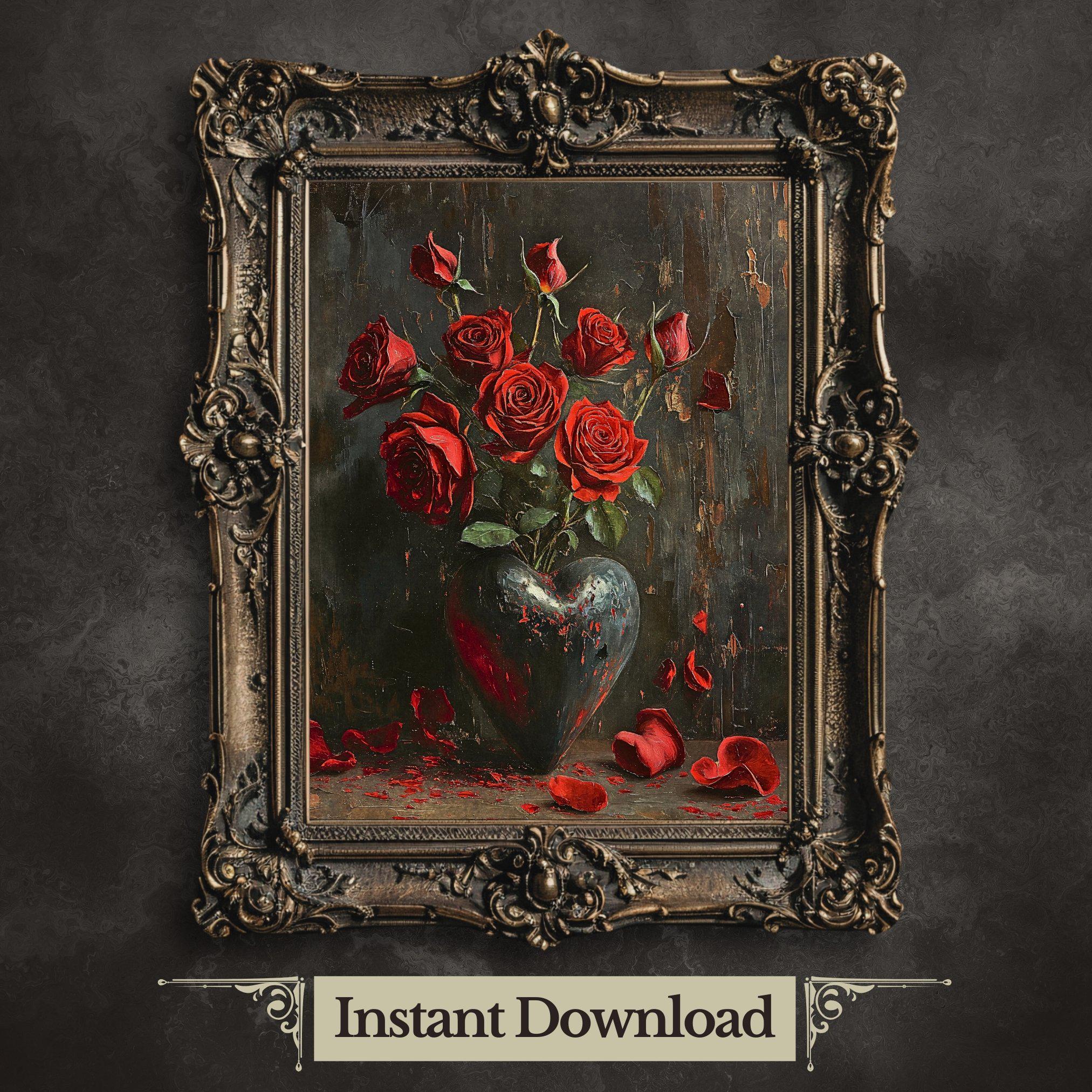 FUDMAE 筆前　Red Rose グラフィックポスター スカル Crimson Impasto Rose Painting | Original Oil Art for Walls