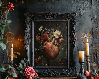 Floral Heart Gothic Art Print: Macabre Dark Romance Wall Decor