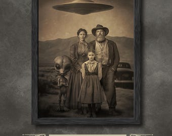 Custom Alien & Family Portrait Print | Vintage UFO Artwork on Fine Art Paper or Framed