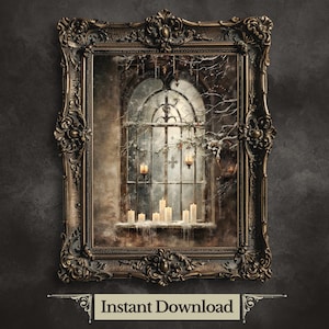 Stimmungsvoller Winter Fenster druckbare Wand Kunst verlassene Herrenhaus Weihnachten Gemälde dunkel Cottagecore Kunstwerk Gothic Winter melancholische Kunst