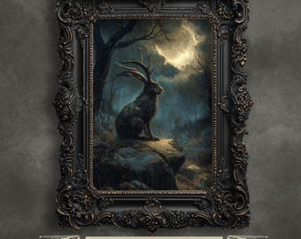 Moonlit Jackalope Art Print – Enchanted Cryptid Wall Art for Gothic and Rustic Cabin Décor