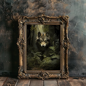 Wolf Wall Art Print Moody Woodland Vintage Green Academia Forest Art Wildlife Dark Green Aesthetic Decor