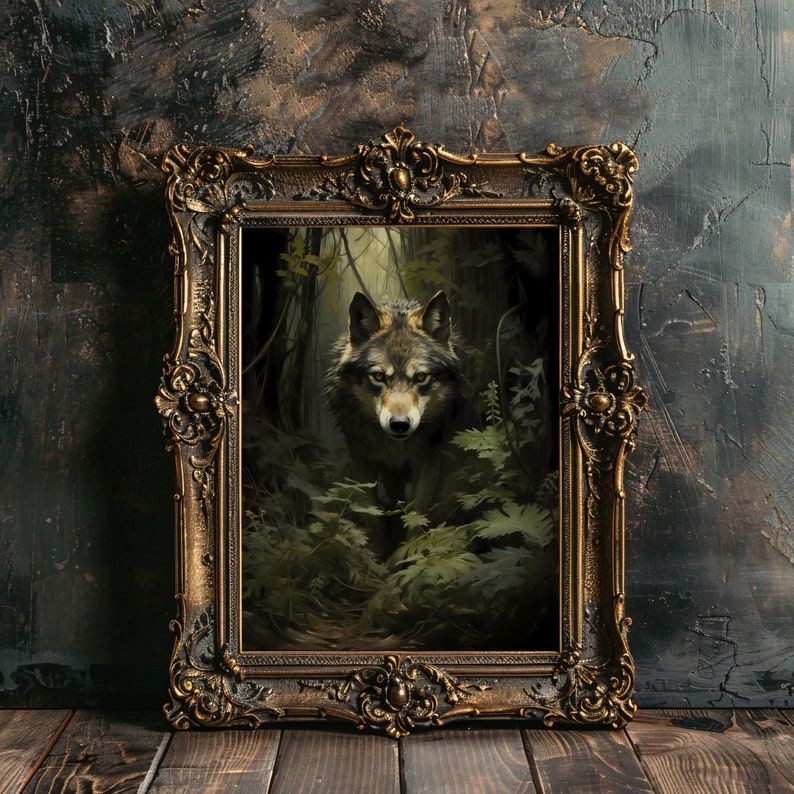 Wolf Wall Art Print Moody Woodland Vintage Green Academia Forest Art Wildlife Dark Green Aesthetic Decor