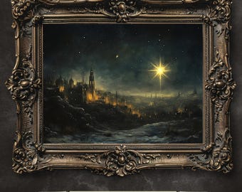 May include: A painting of a city skyline at night with a bright star in the sky. The city is lit up with lights and there is snow on the ground. The painting is framed in a gold frame.