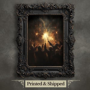 Könnte beinhalten: Ein Gemälde, das eine Gruppe von Menschen zeigt, die Zauberstäbe halten, Zauber wirken, mit einem hellen Licht und Funken im Hintergrund.