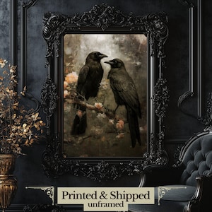 Impresión artística de pared de pareja de cuervos en un bosque oscuro, estilo vintage cottagecore oscuro, pintura de vida silvestre, decoración gótica, obra de arte de la academia oscura, arte retro