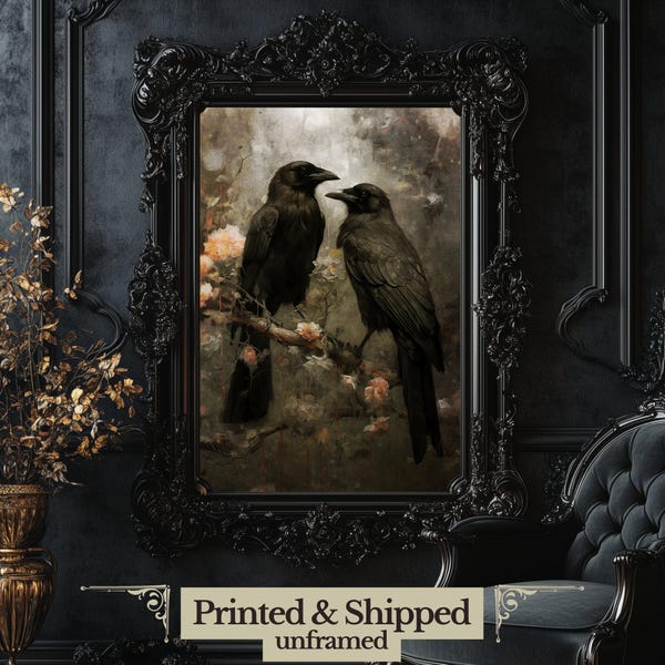 Impresión artística de pared de pareja de cuervos en un bosque oscuro, estilo vintage, cottagecore oscuro, pintura de vida silvestre, decoración gótica, obra de arte de la academia oscura, arte retro