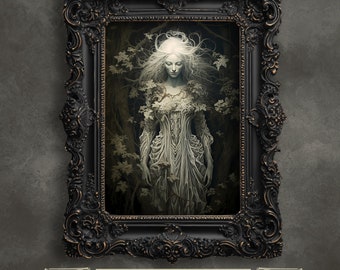 May include: A framed print of a woman in a white dress standing in a forest. The woman has long white hair and is surrounded by green leaves. The frame is black with gold accents.