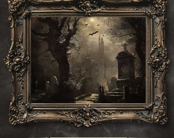 May include: A framed painting depicting a dark, foggy graveyard with a tall tower in the distance. The painting is set in a gothic style with a dark, ominous atmosphere. The frame is ornate and has a dark brown finish.