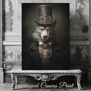 Victorian Wolf Gentleman Canvas Print Dark Cottagecore Vintage Animal Portrait Quirky Decor Gothic Dark Academia Wolf Lover Gift
