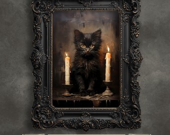 Black Cat Halloween Print: Spooky Gothic Cottagecore Wall Art
