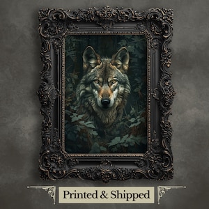 Stampa artistica da parete con lupo grigio, dipinto di bosco scuro, stampa vintage sulla natura, ritratto di animali della foresta, dipinto di fauna selvatica, stampa di lupo Dark Academia
