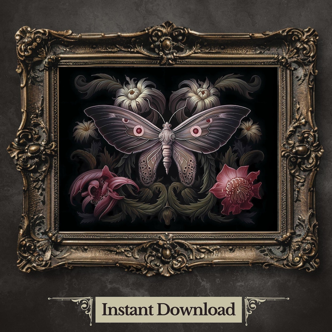 Vintage Moth Dark Academia Printable Wall Art Witchy Gothic Botanical ...