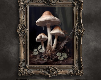 Dark Woodland Mushroom Vintage Art Print: Goblincore Decor (Digital Download)