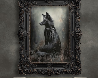 Ethereal Black Fox Gothic Art Print, Dark Fantasy Decor