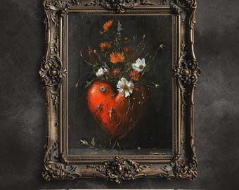 Gothic Wildflower Heart Oil Painting: Dark Romance Wall Art (Digital Download)