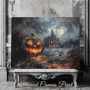Haunted House Canvas Print Spooky Halloween Decor Jack-o-Lantern Oil Painting Haunted Autumn Print Cottagecore Goth Pumpkin Print