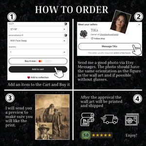 Puede incluir: Una gu&iacute;a de cuatro pasos sobre c&oacute;mo pedir un retrato personalizado. La gu&iacute;a incluye instrucciones sobre c&oacute;mo enviar una foto, c&oacute;mo aprobar una vista previa y c&oacute;mo se imprimir&aacute; y enviar&aacute; la obra de arte. La gu&iacute;a tambi&eacute;n incluye una calificaci&oacute;n de 5 estrellas y el texto "Enjoy!"