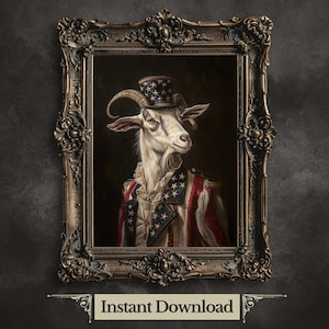 The Goat Printable Wall Art Vintage Portrait Painting of Patriotic Goat Gentlemen Quirky Animal Art Greatest of all Time Portrait