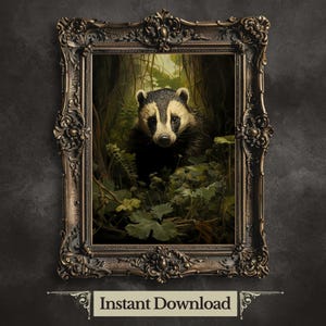 Badger in Dark Forest Vintage Art Print: Moody Cottagecore (Digital Download)