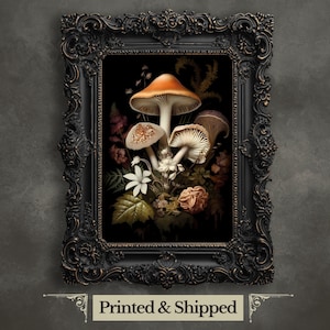 Woodland Mushrooms Wall Art Print Dark Forest Print Dark Floral Print Nature Painting Vintage Dark Aesthetic Print Gothic Wall Art Mushroom