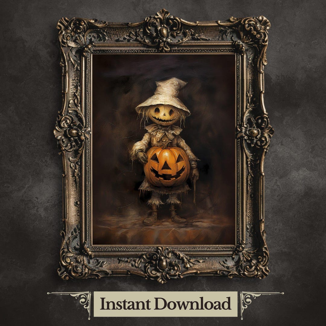 Buy Vintage Scarecrow Pumpkin Oil Painting: Spooky Cottagecore ...