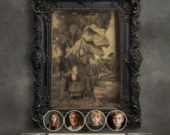 Personalized T-Rex Family Portrait: Custom Victorian Dinosaur Art