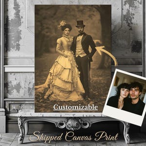 Impresión artística en lienzo de romance victoriano. Retrato personalizado de amor y elegancia. Gran idea de regalo para ocasiones especiales. Regalo personalizado.