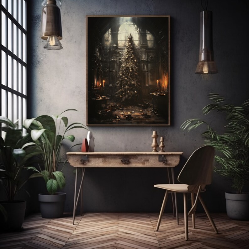 Gothic Christmas Tree Printable Wall Art Abandoned House Christmas Art Haunted Mansion