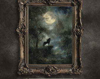 Moonlit Unicorn on Cliff – Printable Fantasy Wall Art with Enchanted Forest and Castle, Instant Download