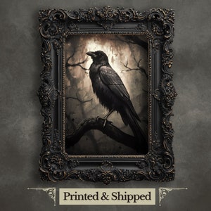 Black Raven in Dark Forest Wall Art Print Moonlit Cottagecore Wildlife Painting Gothic Decor Dark Academia Artwork Vintage Aesthetic