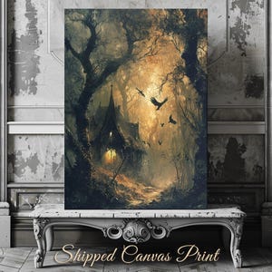 The Enchanted Cottage Canvas Print Haunted Woodland Artwork Dark Fairytale Print Mysterious Witch Home Magical Autumn Forest Print