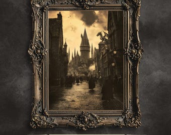 Grafika uliczna „Szkoła Czarodziejów” – sepiowa dekoracja zamku fantasy (pobranie cyfrowe)