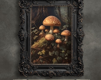 Könnte beinhalten: Ein gerahmter Druck eines Gemäldes, das eine Ansammlung von Pilzen in einer Waldlandschaft zeigt. Die Pilze sind in verschiedenen Brauntönen und Weiß mit weißen Flecken gehalten. Der Hintergrund ist ein dunkelgrüner Wald mit einem verschwommenen Hintergrund.
