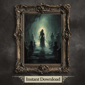 Ghostly Cemetery Art Print: Ethereal Girl, Dark Academia Decor (Digital Download)