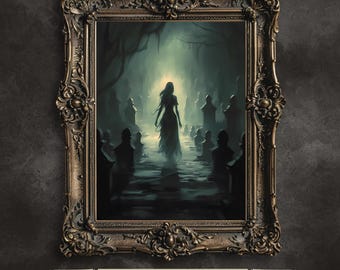 Ghostly Cemetery Art Print: Ethereal Girl, Dark Academia Decor (Digital Download)
