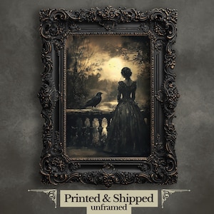Gothic Frau & Rabe Wand Kunst Druck, Gothic Twilight Balkon Szene, Dark Romance Wanddekoration für Poe Fans, hochwertiger Druck