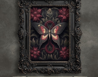 Lámina artística de polilla botánica: decoración floral gótica oscura de estilo cottagecore