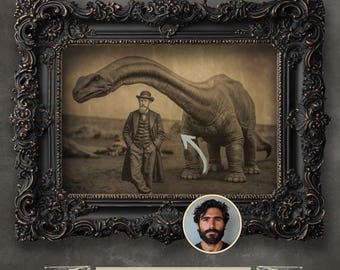 Personalized Dinosaur Portrait Print – Vintage Sepia Face Swap Art
