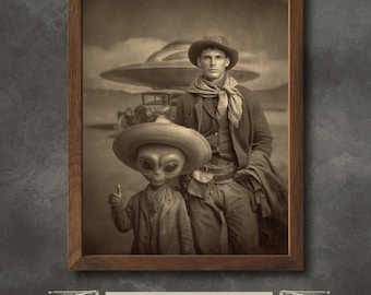 Crashed Alien Portrait Custom Print | Vintage UFO Artwork on Fine Art Paper or Framed