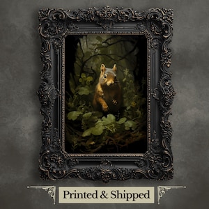 Stampa artistica da parete con scoiattolo, dipinto di bosco scuro, stampa vintage Dark Academia, arte degli animali della foresta, fauna selvatica, decorazione estetica verde scuro