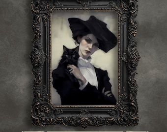 Victorian Witch & Black Cat Print: Spooky Gothic Halloween Decor