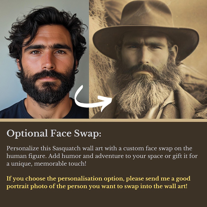 Puede incluir: Una ilustraci&oacute;n digital de una opci&oacute;n de intercambio de rostro para una impresi&oacute;n de arte de pared de Sasquatch. La imagen muestra dos rostros, uno con un aspecto moderno y el otro con un aspecto vintage. El texto dice "Intercambio de rostro opcional: Personaliza esta obra de arte de pared de Sasquatch con un intercambio de rostro personalizado en la figura humana. Agrega humor y aventura a tu espacio o reg&aacute;lala para un toque &uacute;nico y memorable. Si eliges la opci&oacute;n de personalizaci&oacute;n, por favor env&iacute;ame una buena foto de retrato de la persona que quieres intercambiar en la obra de arte de pared!"